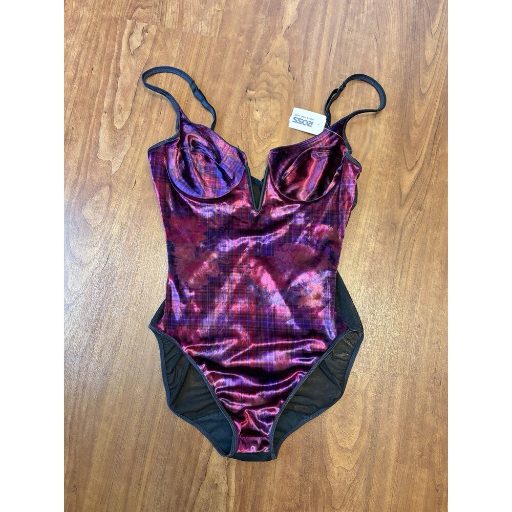 Victoria's Secret Gold Label Purple Plaid Floral V-Neck Velvet Mesh Bodysuit 34